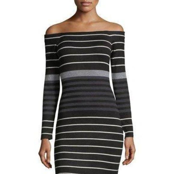 ELIZA J Off The Shoulder Stripe Sheath Dress In Black Ivory Charcoal Wom… - Picture 1 of 8